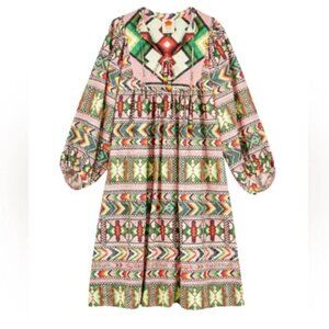 Farm Rio Amulet Midi Dress Tassel Yawanawa Linen Puff Sleeve Size XS Women's